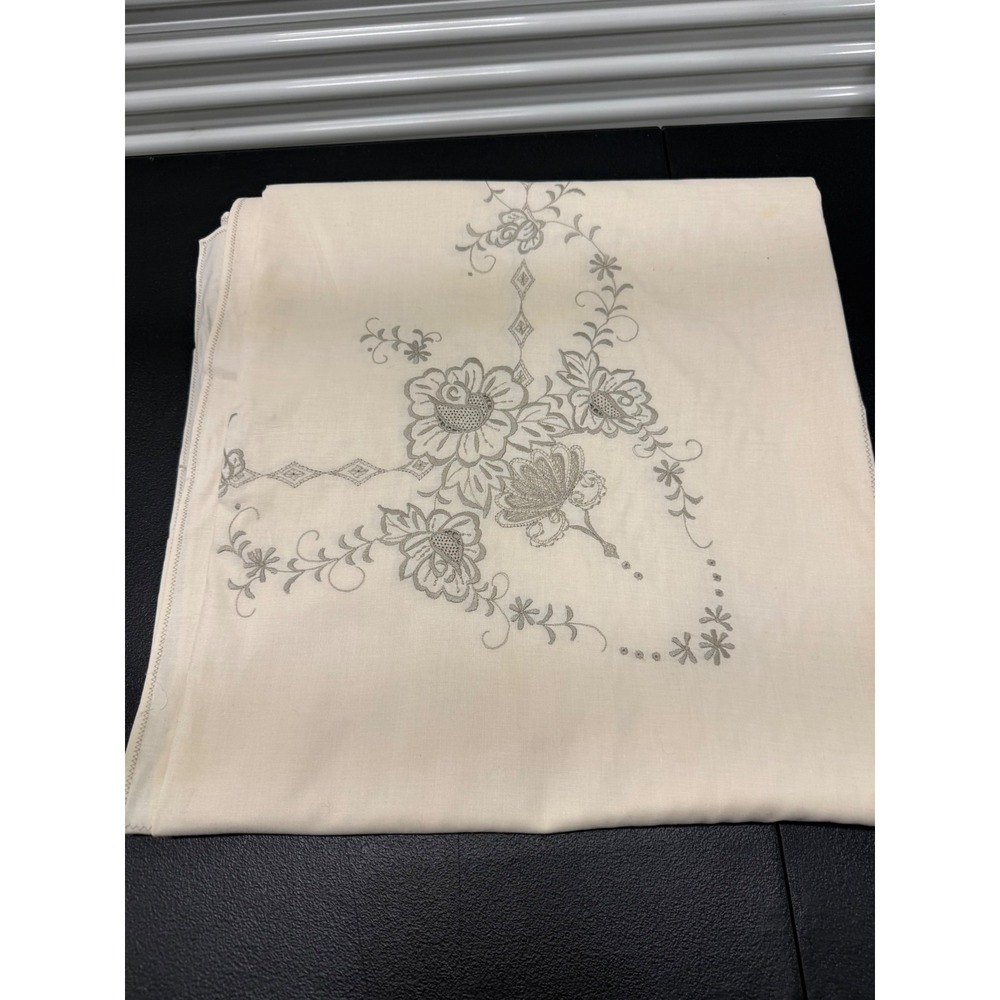 Vintage Embroidered Floral Fabric Cream Grey Green 200x64 Large Textile Piece